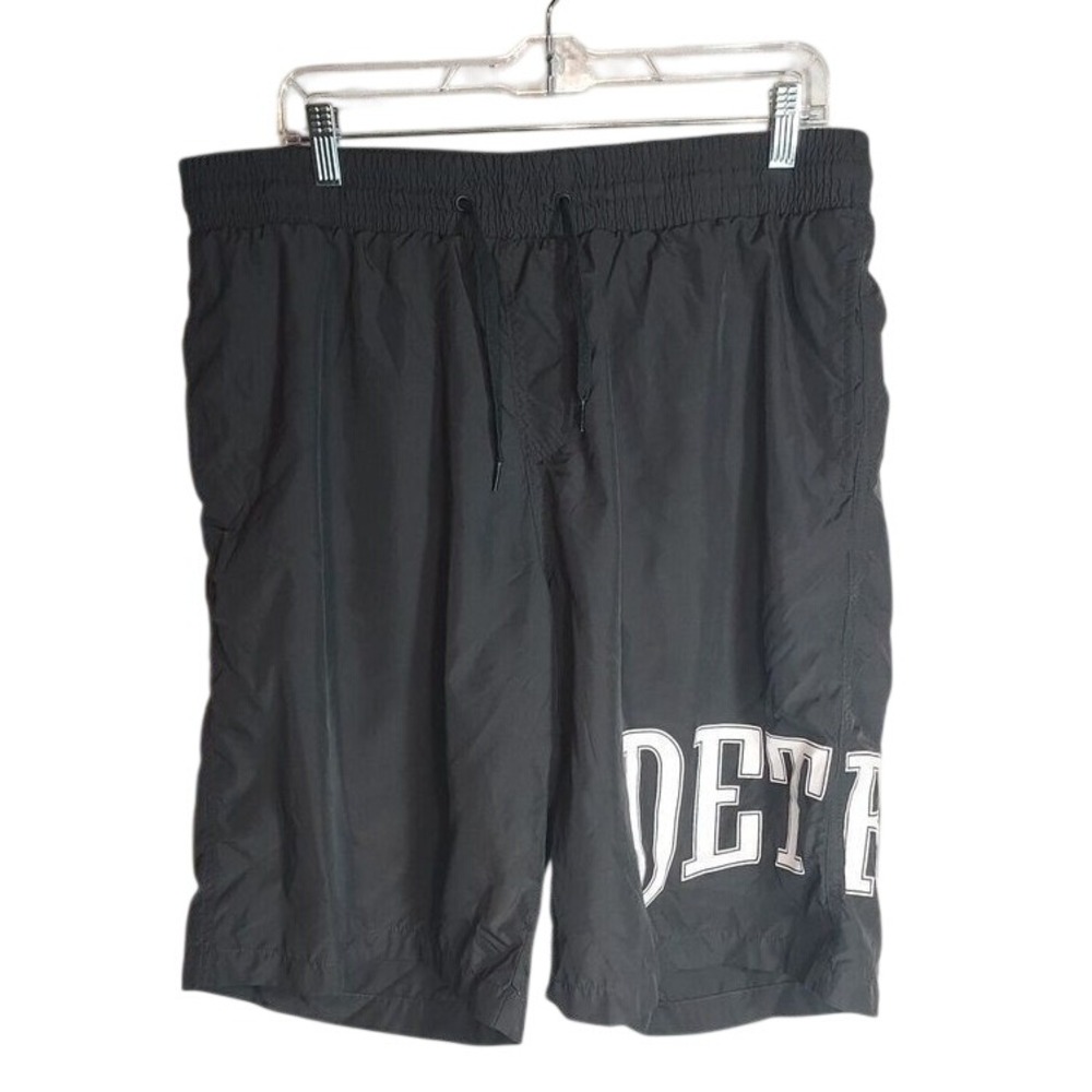 H&M Mens XL Detroit Graphic Swim Shorts Black Mesh Lined Board Trunks Streetwear